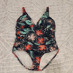 Navy Blue Floral One Piece Swimsuit with Plunging V-Neckline Size 14!